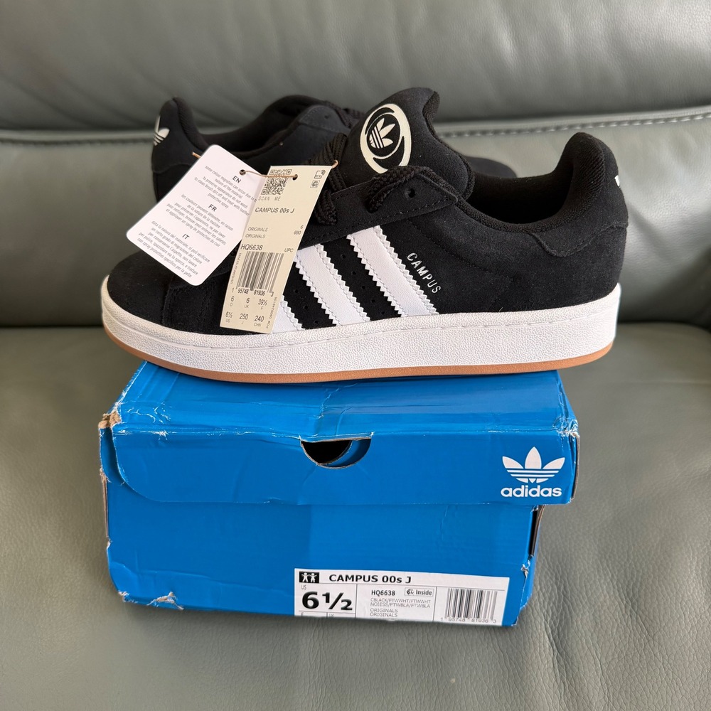 Adidas Campus 00s J Core Black White Gum Suede Sneakers HQ6638 Size 6.5 Mens